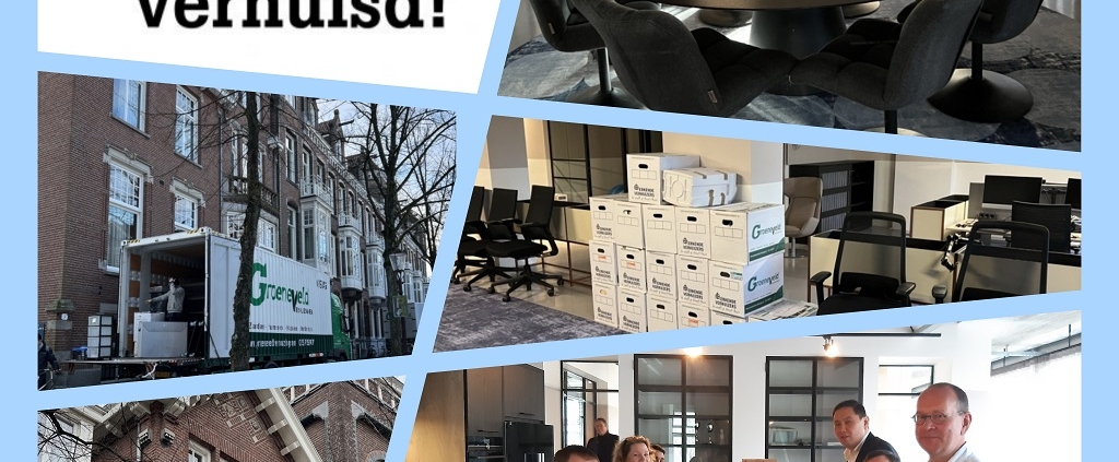 Collage met vijf foto's nieuwe pand met tekst 'wij zijn verhuisd!'